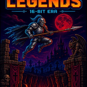 Puede incluir: Un póster de pixel art titulado ARCADE LEGENDS 16-BIT ERA que muestra a un caballero con armadura plateada saltando con una lanza sobre un abismo de lava. La escena incluye un castillo oscuro, una luna roja, una gárgola y el texto 1CC NIVEL PROFESIONAL 295,200 PTS.