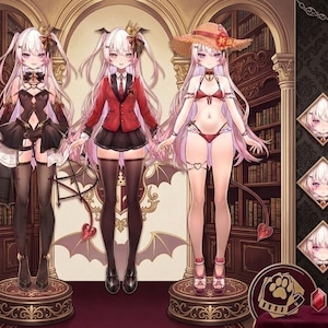 Może przedstawiać: Trzy postacie w stylu anime w różnych strojach, w tym czarna sukienka, czerwona marynarka i czerwone bikini. Postacie mają długie, różowe włosy i pozują na tle biblioteki. Wyświetlane są dodatkowe warianty twarzy i akcesoria.