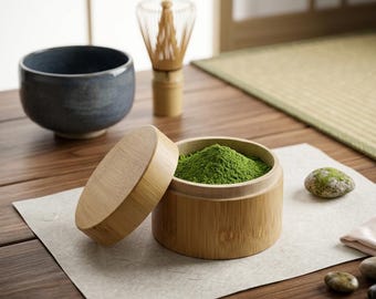 Caja de almacenamiento de té matcha en polvo de bambú natural de 20 g - Bote hermético para té verde y estuche de viaje | Accesorio auténtico para la ceremonia del té zen