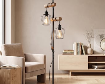 Vintage vloerlamp met 2 lampen – Zwarte metalen en houten design staande lamp, E27 fitting, 151 cm, industriële woonverlichting (lampen niet inbegrepen)