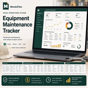 Könnte beinhalten: Eine digitale Tabellenkalkulation zur Instandhaltungsplanung auf einem Laptop-Bildschirm, die ein Dashboard mit Diagrammen, Anlagenstatus und Arbeitsauftragstabellen zur Überwachung von Wartungsarbeiten und Betriebsmitteln zeigt.
