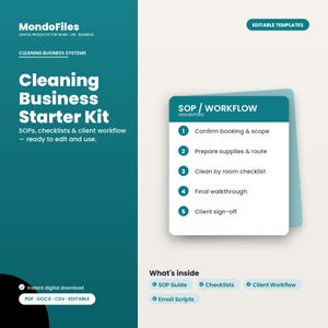 Könnte beinhalten: Ein digitales Starter-Kit für Reinigungsunternehmen in Blaugrün und Creme. Der Text lautet MondoFiles, Cleaning Business Starter Kit, SOPs, checklists & client workflow, sowie eine nummerierte Liste mit fünf Schritten für den Arbeitsablauf.