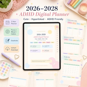 Puede incluir: Una tableta digital que muestra un planificador digital TDAH 2026-2028 con pestañas de colores pastel y secciones para enfoque, rutinas, estado de ánimo y tareas. La pantalla muestra el texto 2026-2028 ADHD Digital Planner y otros apartados.