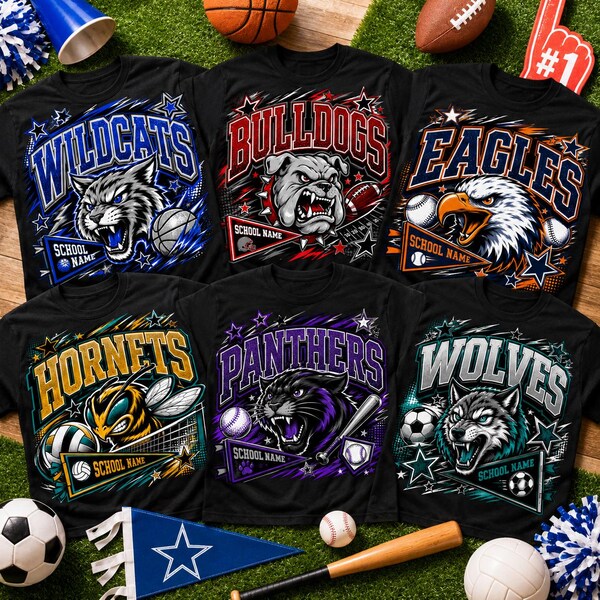 Mascote esportiva escolar personalizada em PNG, design de camiseta com nome de time personalizado, futebol americano, basquete, beisebol, vôlei, futebol por sublimação.