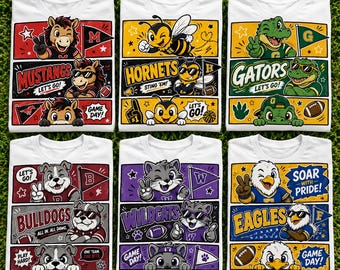 May include: Six white t-shirts featuring cartoon mascot graphics for Mustangs, Hornets, Gators, Bulldogs, Wildcats, and Eagles. Each shirt displays three horizontal panels with team names, sports equipment, and mascots in vibrant colors.