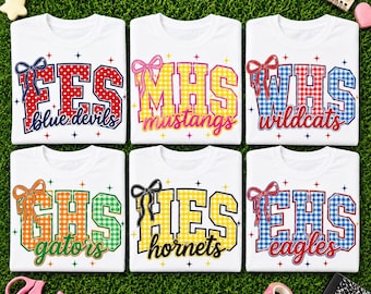 Custom Preppy School Initials PNG, Coquette Bow Varsity Letters, Gingham Alphabet Clipart, Add Mascot Name Template, Game Day Digital File