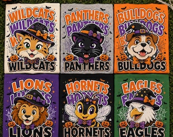 May include: Six rectangular t-shirts featuring cartoon animal heads wearing witch hats. The designs include a wildcat, panther, bulldog, lion, hornet, and eagle, each surrounded by spiderwebs, pumpkins, and bats with team names in bold text.