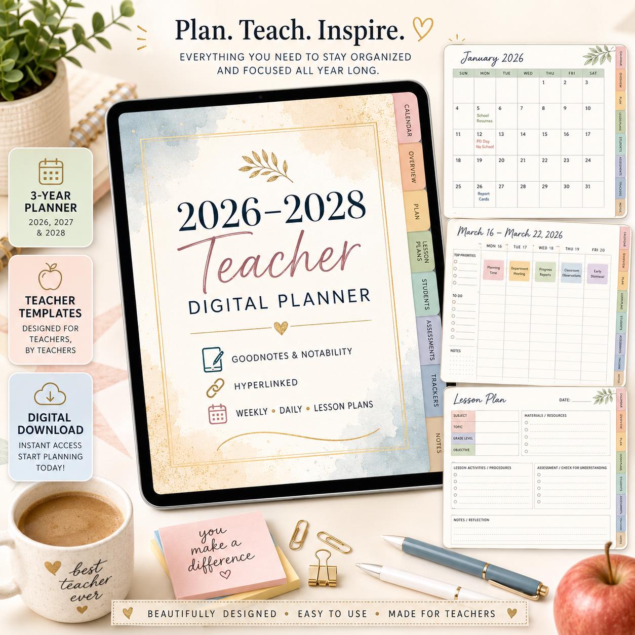 2026-2028 Teacher Digital Planner, Editable PDF for Goodnotes Notability, Weekly Daily Planner, Lesson Plans, School Year Organizer