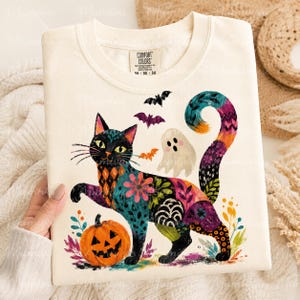 Patchwork Halloween Cat PNG, Floral Black Cat, Ghost & Pumpkin, Retro Folk Art Spooky Season Sublimation, Digital Download