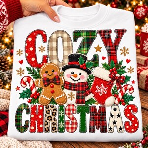 Cozy Christmas PNG, Faux Applique Christmas Design, Gingerbread Snowman Sublimation, Plaid Leopard Christmas Digital Download