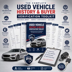 Pode incluir: O kit completo de verificação de histórico e comprador de veículos usados inclui um manual, listas de verificação e guias. Apresenta um gráfico de carro prateado, uma prancheta com caneta, uma chave de carro e vários ícones.