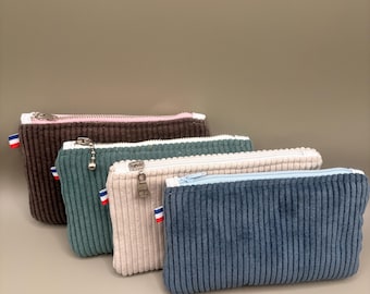 Trousse en Velours Côtelé, Pochette Maquillage,  Porte-Monnaie Zippé, Cadeau Femme