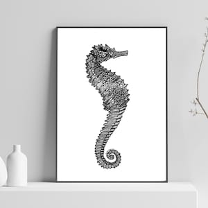 Seahorse Zentangle Art Print, Wall Art, Abstract Animal Art, Unique Gift Sea Animal Art pen and ink Mandala art, A4 home decor beach decor