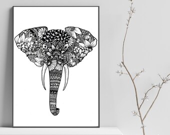 Mandala Elephant Original Art - Zentangle Art - Doodle Mindfulness Art - A4 black and white wall art - boho decor - animal art - abstract