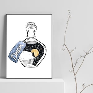 Dream Wall Art Decor Original Illustration, Hand drawn and Embossed Dream In A Bottle Illustration, Pen and Ink Sweet Dreams Home Decor