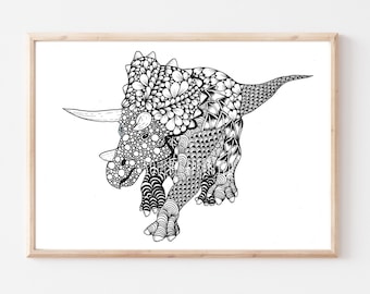 Impression d'art Triceratops - impression Zentangle - art mural dinosaure dessiné à la main - Illustration Doodle Art - décoration murale A4