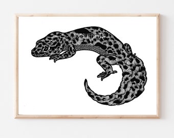 Leopard Gecko Original Art - Zentangle Lizard Print - Hand Drawn Gecko Wall Art - Illustration Doodle Art - A4 Wall Decor - Reptile Print
