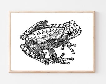 Frog Original Art - Zentangle Frog Print - Hand Drawn Frog Wall Art - Illustration Doodle Art - A4 Wall Decor - Nature Decor