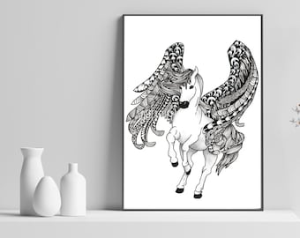 Pegasus Art - Original Pen and Ink A4 Wall Art - Zentangle - Hand Drawn Doodle Art - Fantasy Mythical creatures - Mythology Art