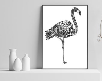 Original Flamingo Zentangle Art, Wall Art, Hand Drawn Art, Unique Gift Animal Art pen and ink Mandala art, A4 abstract artwork doodle art
