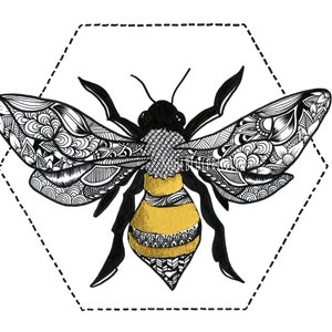 Bee Wall Art Original Hand Drawn Embossed Artwork, 10”x8” home decor bumble bee, pen and ink zentangle art, original artwork, mandala art