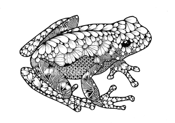 オリジナルゼンタングルカエルアート：手描きイラスト、A4サイズ壁飾り