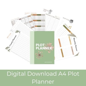 May include: A digital download of a printable A4 plot planner. The planner includes a variety of pages for tracking seeds, plants, harvest logs, wish lists, monthly plans, and a yearly planner. The cover features a green background with a floral design and the text "Plot Planner".