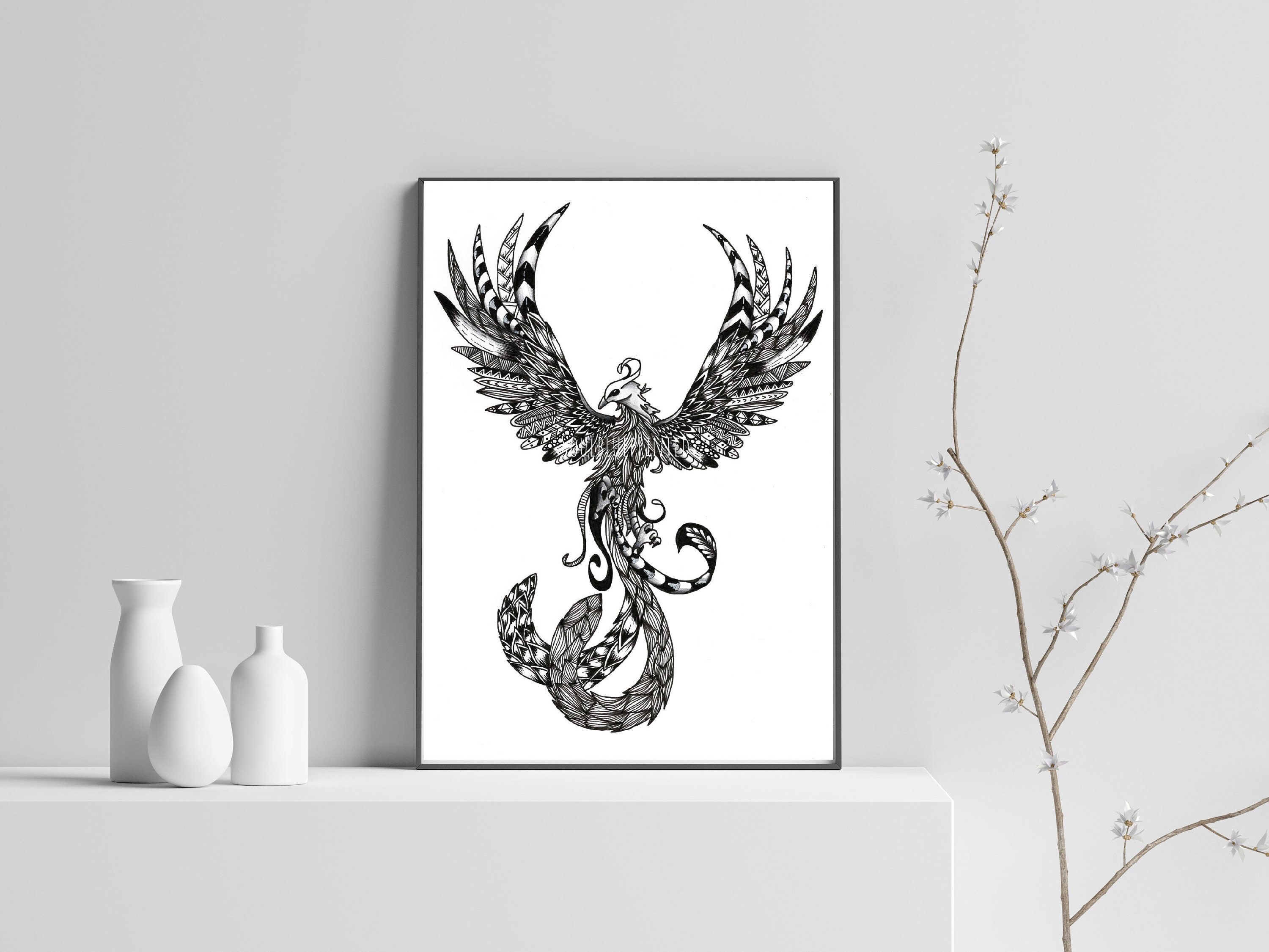 Phoenix Artwork - Original Zentangle Art - Pen and Ink A4