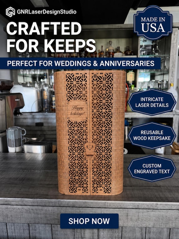 Personalized Double Wine Gift Box, Laser Cut Wooden Wine Holder for 2 Bottles, Wedding Anniversary Gift, Custom Engraved Wine Box