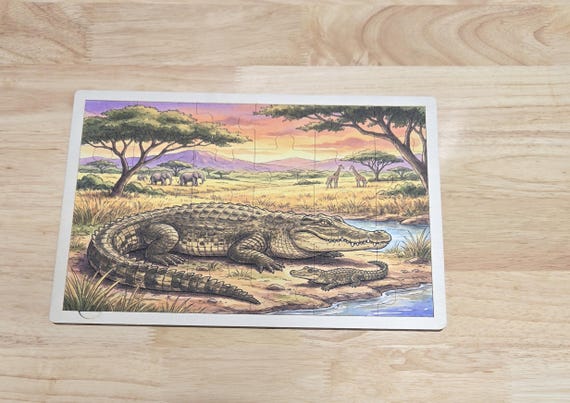 African Crocodile Wooden Puzzle for Kids | Educational Wildlife Montessori Toy with Safari Animal Facts