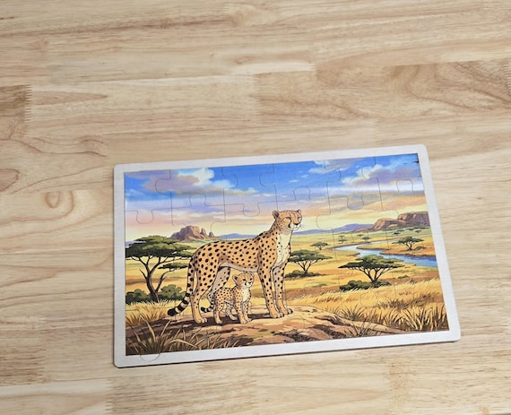 African Cheetah Wooden Puzzle | Safari Wildlife Toy, Montessori Learning, Animal Facts