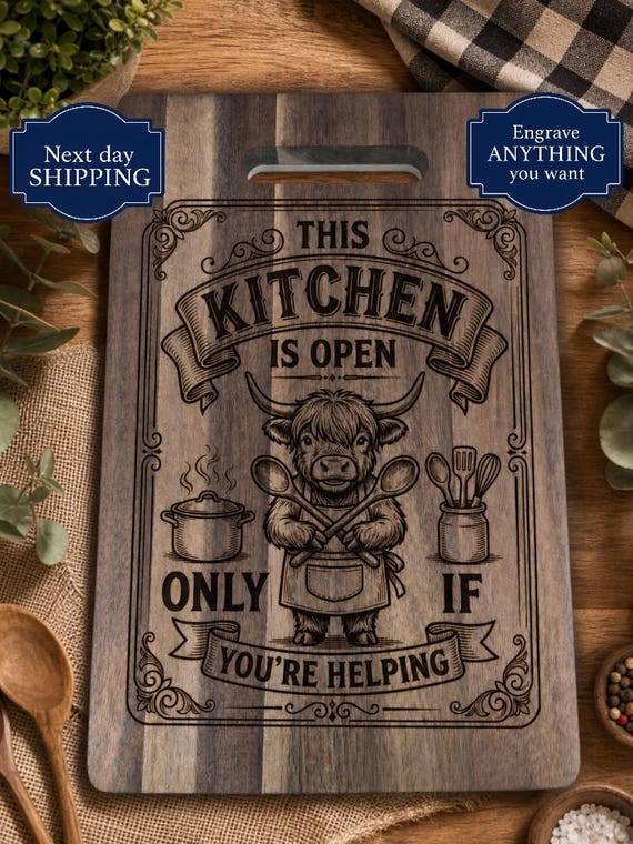 Funny Highland Cow Cutting Board – Rustic Farmhouse Kitchen Decor, Cow Lover Gift