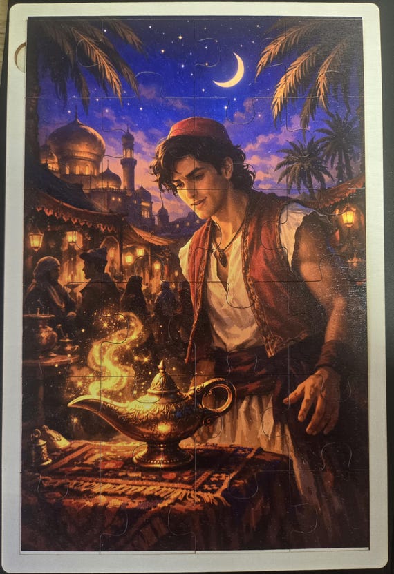 Aladdin Magic Lamp Wooden Jigsaw Puzzle: Classic Fairy Tale Adventure Toy (24 Pieces)