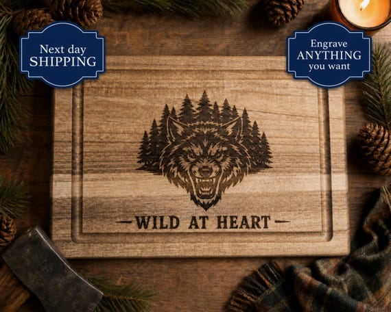 Engraved Wolf Cutting Board – Rustic Cabin Decor, Outdoor Lover Gift