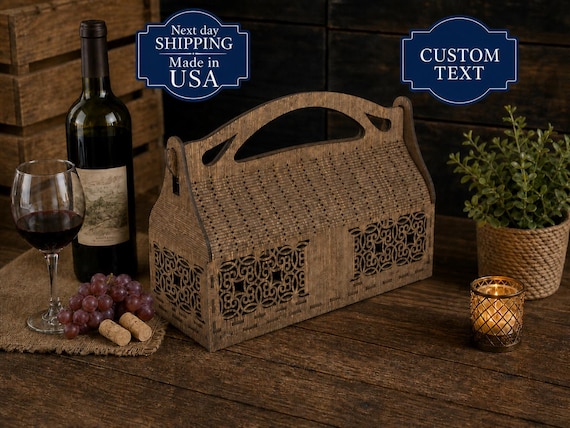 Personalized Laser-Cut Wooden Wine Gift Box - Custom Engraved Rustic Anniversary Present for Wine Lovers