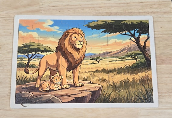 Wooden Lion Puzzle – African Savanna Toddler Learning Toy (24 Pieces)