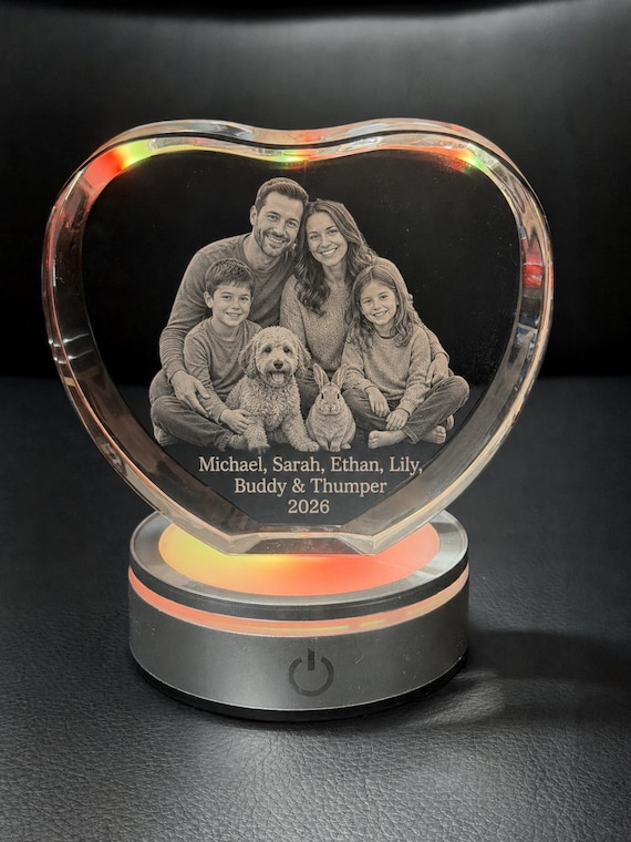 Personalized 3D Crystal Heart Photo Gift - Custom Engraved Keepsake for Weddings, Anniversaries, Couples, Families & Memorials