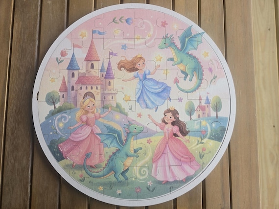 Wooden Princess and Dragon Puzzle-Round Fairytale Castle Jigsaw for Kids Challenging Jigsaw Lover
