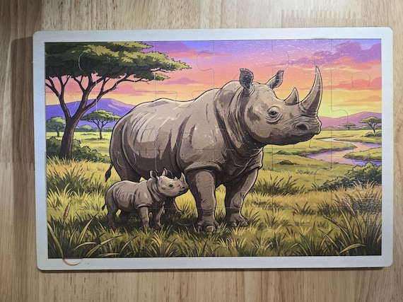 Wooden Rhinoceros Puzzle: African Safari Wildlife Educational Toy for Toddlers