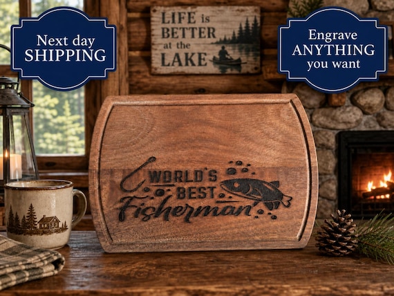 Personalized Fisherman Cutting Board – Engraved Wood Serving Platter, Rustic Cabin Decor Gift