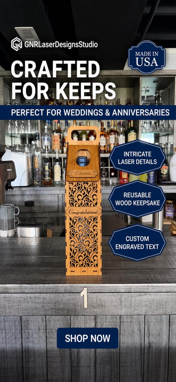 Personalized Wooden Wine Gift Box, Laser Cut Bottle Holder, Custom Engraved Liquor Gift Box, Birthday, Wedding and Anniversary Gift
