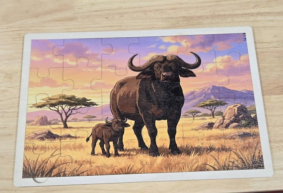 African Buffalo Wooden Puzzle | Safari Animal Montessori Learning Toy Gift for Toddlers & Preschoolers
