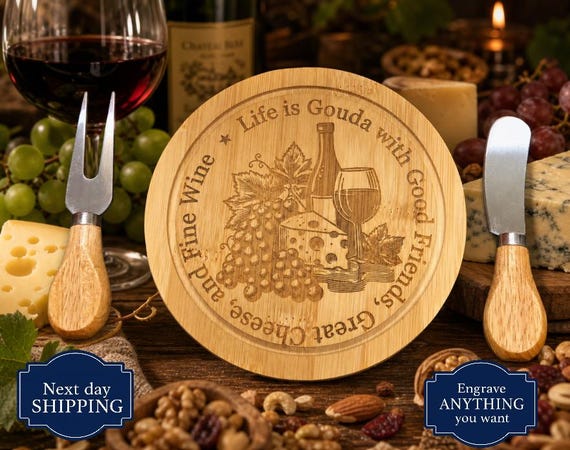 Engraved Bamboo Cheese Board Set – Wine Lover Gift (Knife & Fork)