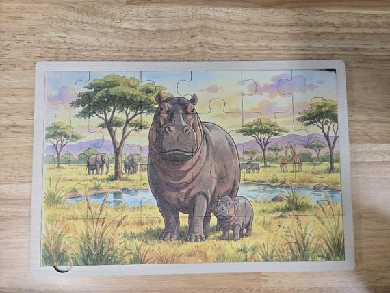 African Hippopotamus Wooden Puzzle: Safari Wildlife Montessori Toy (24 Pieces)