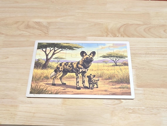 African Wild Dog Wooden Puzzle: Safari Wildlife Educational Toy (24 Pieces)