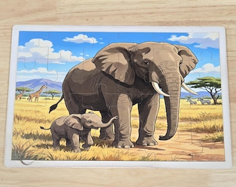 African Elephant Wooden Puzzle: Safari Wildlife Learning Toy, Montessori Educational Play