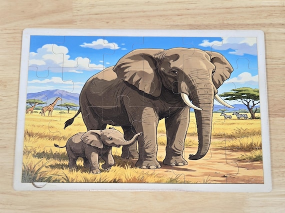 African Elephant Wooden Puzzle: Safari Wildlife Learning Toy, Montessori Educational Play