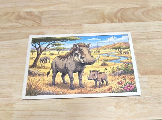 African Warthog Wooden Puzzle Kids Safari Wildlife Learning Toy Montessori Educational Gift Savanna Animal