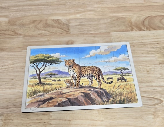 African Leopard Wooden Puzzle: Safari Wildlife Montessori Educational Toy