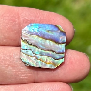 May include: A square-shaped button crafted from iridescent abalone shell, featuring a smooth, polished surface with swirling patterns of blue, green, purple, and pearlescent white hues that shift in color when viewed from different angles.